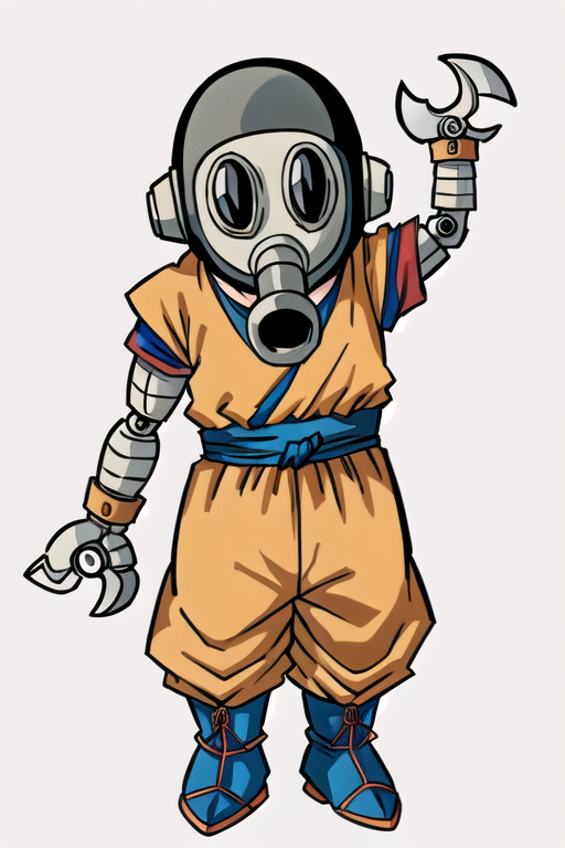 3210045-1336342082-toribot, 1boy, solo, humanoid robot,chibi, (wrench hand), gas mask, full body, standing, orange dougi,son goku, short sleeves, (.png